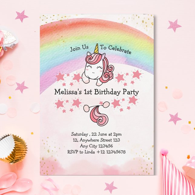 Invitation Cute Pastel Unicorn & Rainbow Premier anniversaire (Créateur téléchargé)