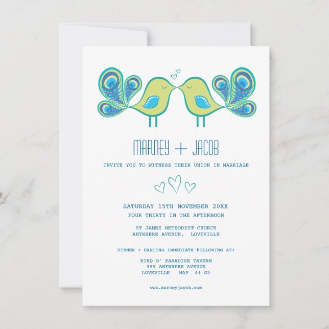 Invitation Cute Peacock Inséparables Coeurs Mariage (Devant)