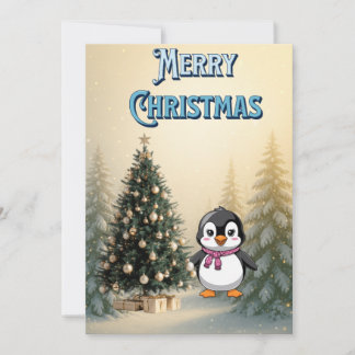 Invitation Cute Penguin & Christmas Tree Flat Holiday Card