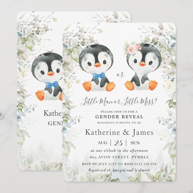 Invitation Cute Penguins Verdure Genre Reveal Baby shower (Devant / Derrière)