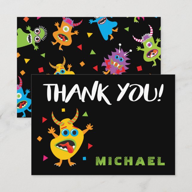 Invitation Cute Petit Monster Anniversaire Merci (Devant / Derrière)