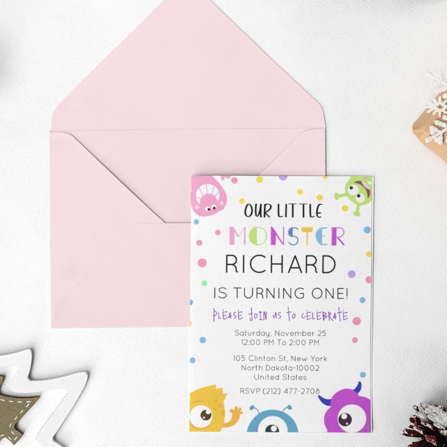 Invitation Cute Petit Monstre Pois à thème Anniversaire (Créateur téléchargé)