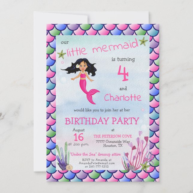 Invitation Cute Petite Sirène rose Dressup fête d'anniversair (Devant)