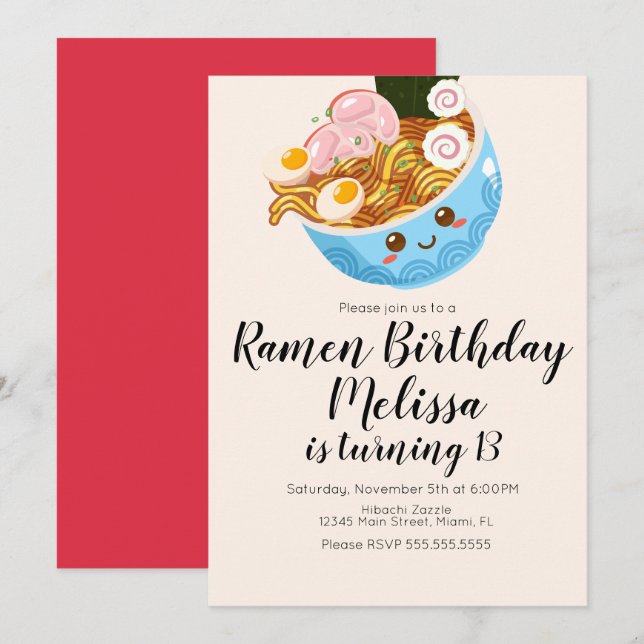 Invitation Cute Pho Oriental Ramen Anniversaire Dîner (Devant / Derrière)