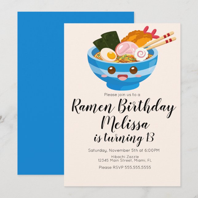 Invitation Cute Pho Oriental Ramen Anniversaire Dîner Bleu (Devant / Derrière)