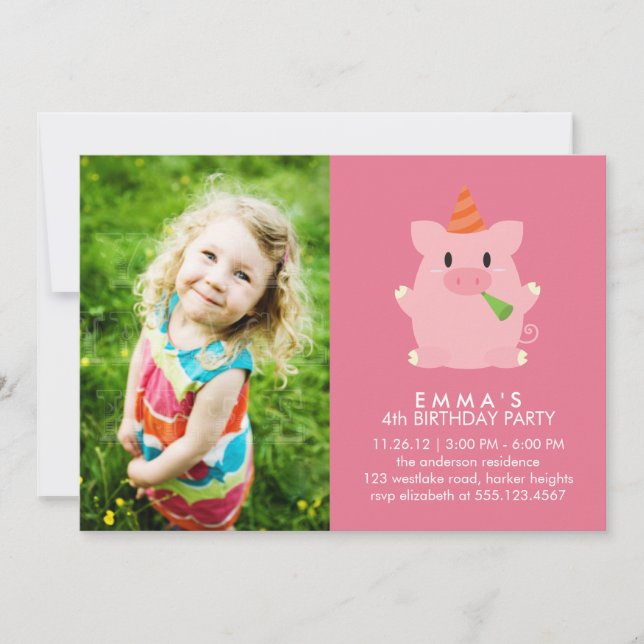 Invitation Cute Pig Photo personnalisée Fête d'anniversaire (Devant)