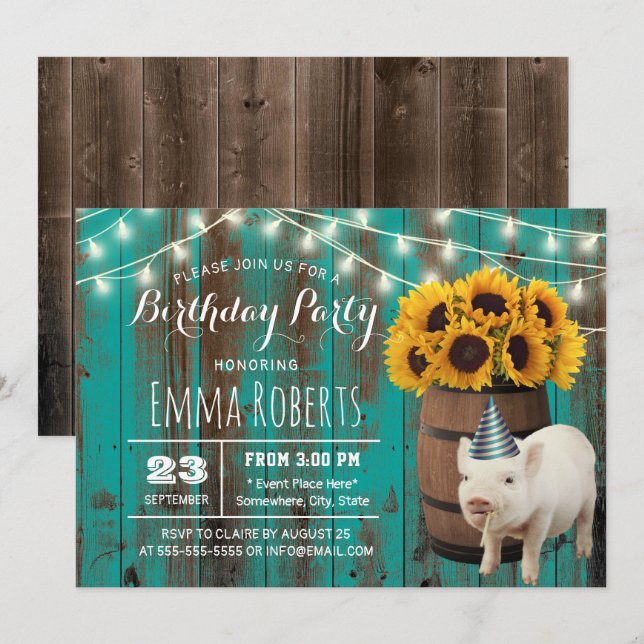Invitation Cute Pig Rustic Tournesol ferme Animal Anniversair (Devant / Derrière)