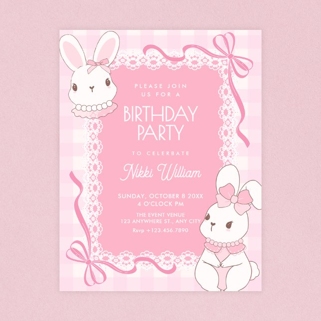 Invitation Cute pink bow bunny birthday (Créateur téléchargé)