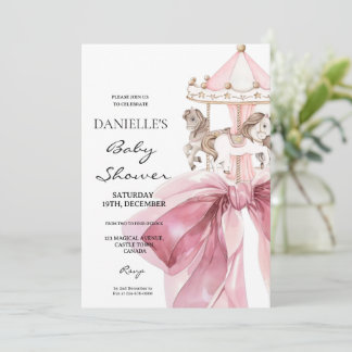 Invitation Cute Pink Bow ⎮Carousel Girl Baby Shower