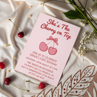 Invitation Cute Pink Bow Cherry on Top First Birthday