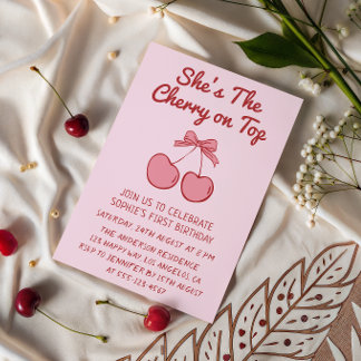 Invitation Cute Pink Bow Cherry on Top First Birthday