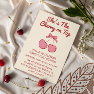 Invitation Cute Pink Bow Cherry on Top First Birthday