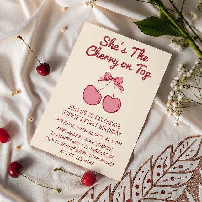 Invitation Cute Pink Bow Cherry on Top First Birthday (Créateur téléchargé)
