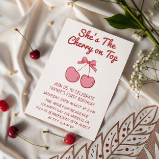Invitation Cute Pink Bow Cherry on Top First Birthday