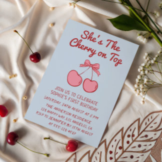 Invitation Cute Pink Bow Cherry on Top First Birthday