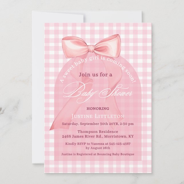 Invitation Cute Pink Bow En vichy Arch Script Baby shower fil (Devant)