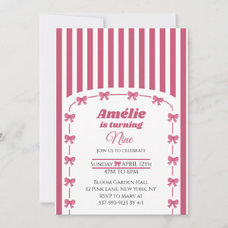 Invitation Cute Pink Coquette Bow Girl 9th Birthday 