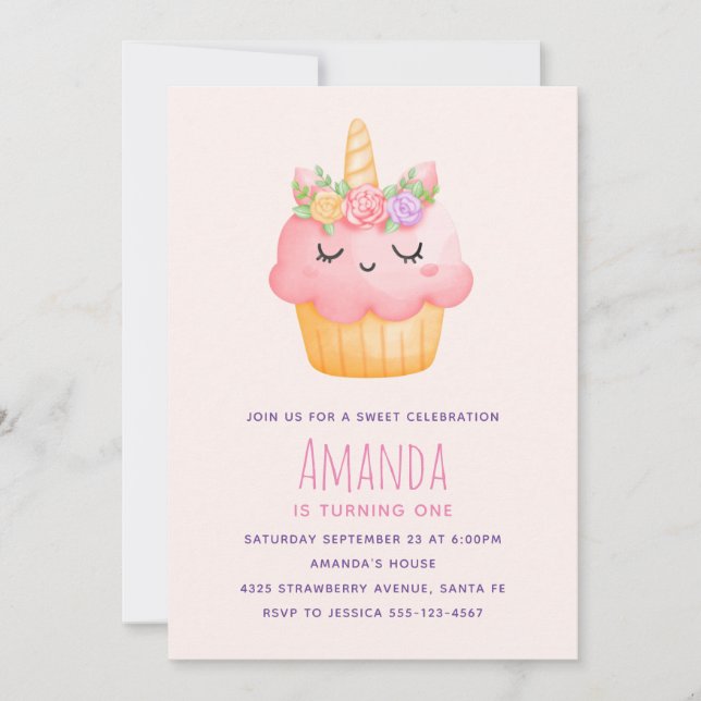 Invitation Cute Pink Cupcake Unicorn avec Rose Anniversaire (Devant)
