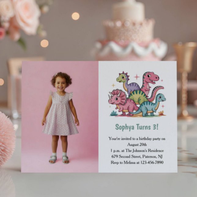 Invitation Cute Pink Dinosaur Photo Kids 3rd Birthday Party (Créateur téléchargé)