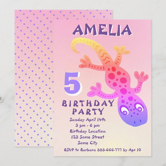 Invitation Cute Pink Gecko Lizard Girls Birthday Party Invita (Devant / Derrière)