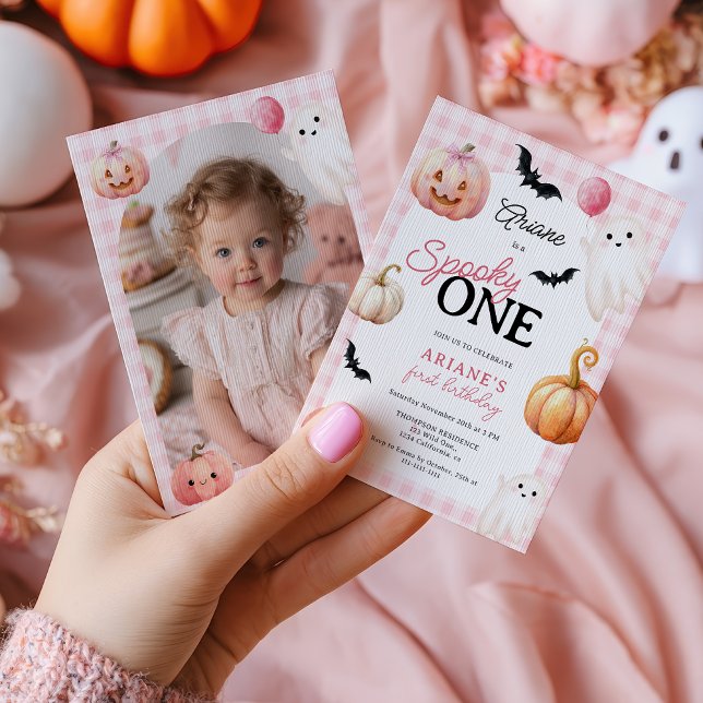Invitation Cute Pink Gingham Spooky One Photo First Birthday (Cute Pink Gingham Spooky One Photo First Birthday Invitation)