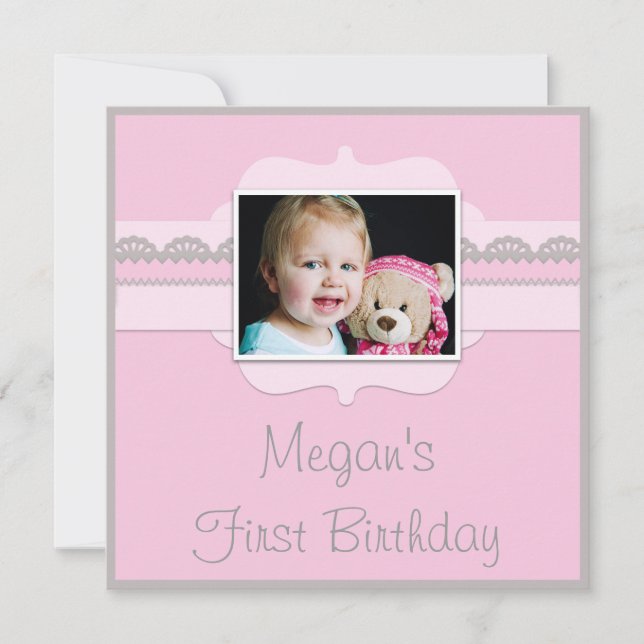 Invitation Cute Pink & Grey Baby 1er Anniversaire Ajouter vot (Devant)