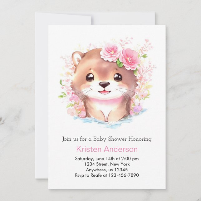 Invitation Cute Pink Otter et Fleur sauvage fille Baby shower (Devant)