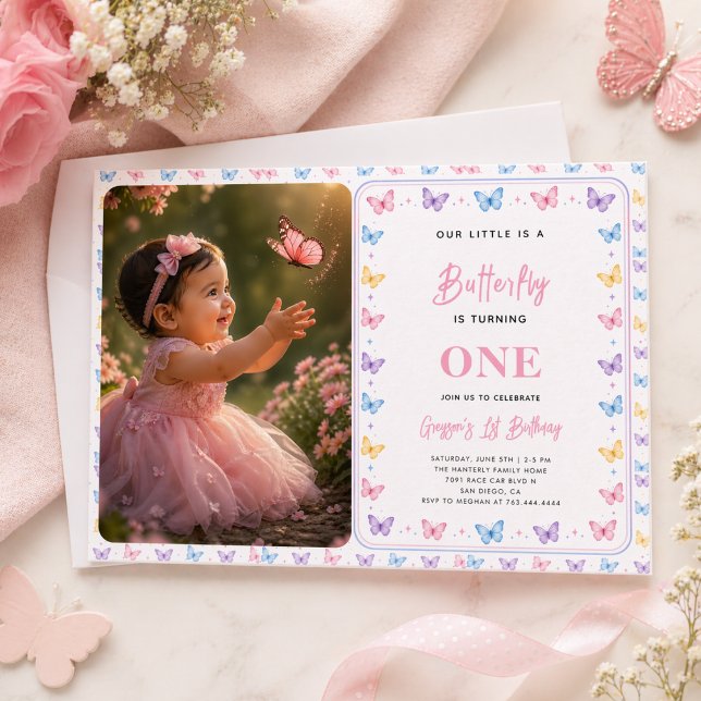 Invitation Cute Pink Purple Butterfly 1st Birthday for Girls (Cute Pink Purple Butterfly 1st Birthday for Girls)