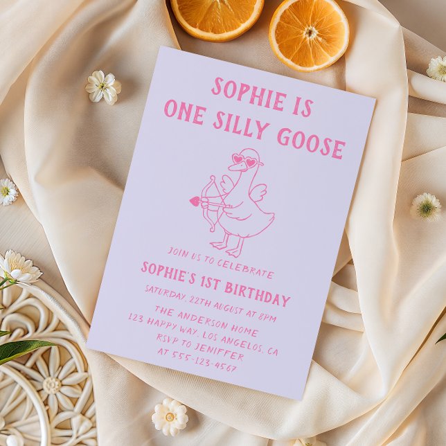 Invitation Cute Pink & Purple Silly Goose 1st Birthday (Créateur téléchargé)