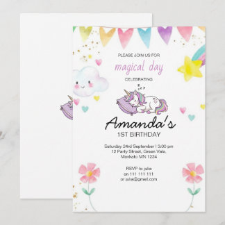 Invitation Cute Pink Purple Unicorn Confetti Birthday Party