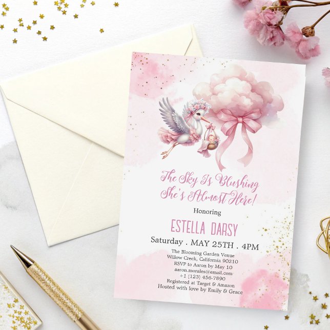 Invitation Cute Pink Stork & Cloud Baby Girl Douche (Créateur téléchargé)