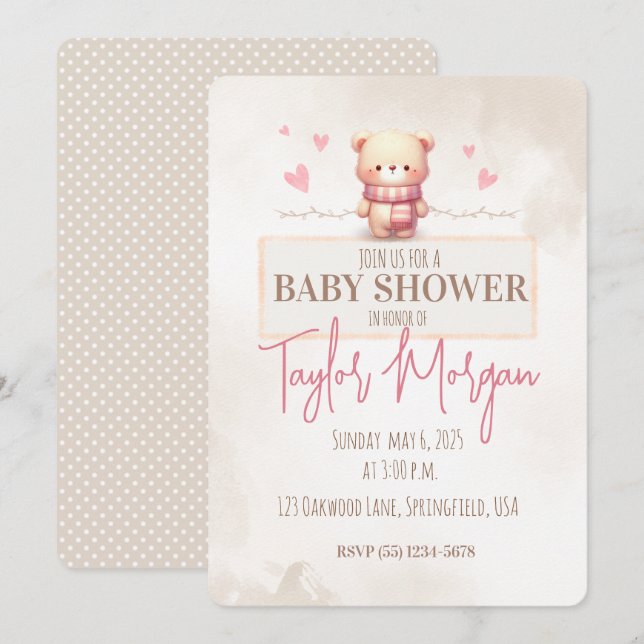 Invitation Cute Pink Teddy Bear Baby Shower  (Devant / Derrière)