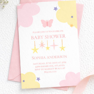 Invitation Cute Pink Yellow Cloud Stars Baby Shower 