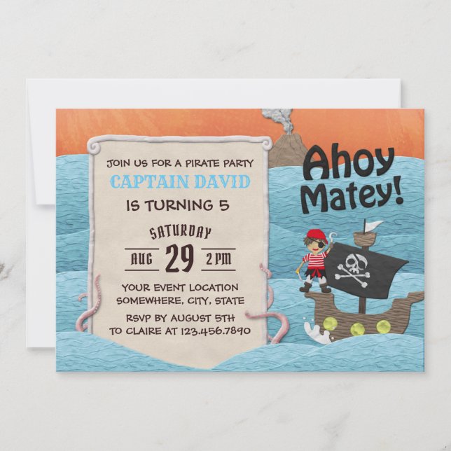 Invitation Cute Pirate Adventure Ahoy Matey Boy Anniversaire (Devant)