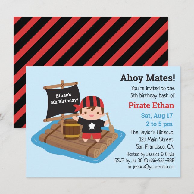 Invitation Cute Pirate Boy Boat Raft Anniversaire de enfant P (Devant / Derrière)