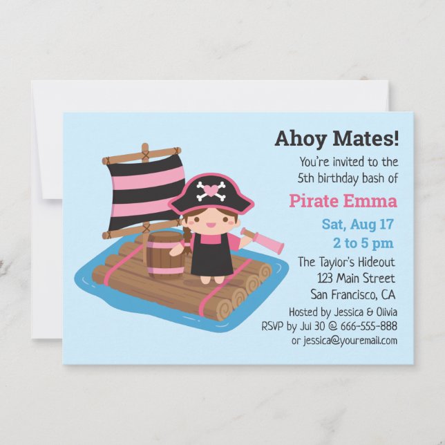 Invitation Cute Pirate Girl Boat Raft Anniversaire de enfant  (Devant)