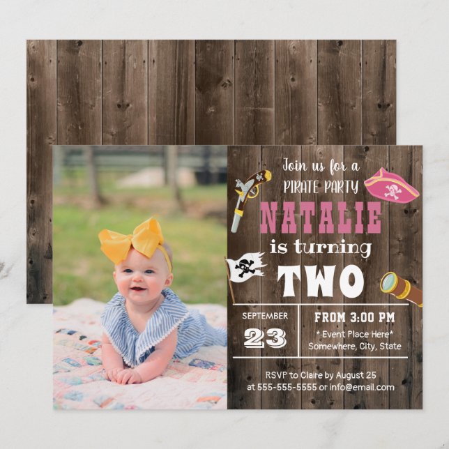 Invitation Cute Pirate Girl Photo personnalisée 2e anniversai (Devant / Derrière)