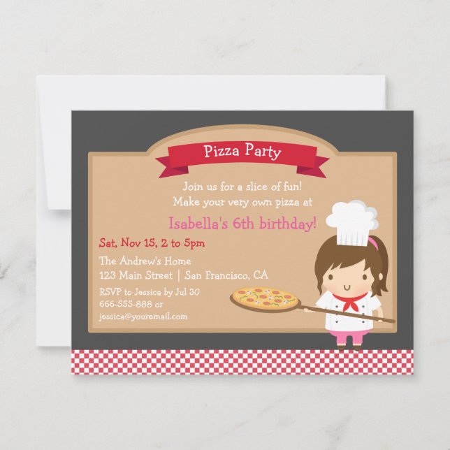 Invitation Cute Pizza Chef Fille Fête d'anniversaire Personna (Devant)