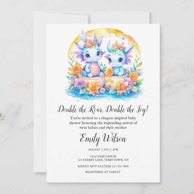INVITATION CUTE PLANCHE FLORALE BÉBÉ DRAGONS BABY SHOWER JUME (Devant)
