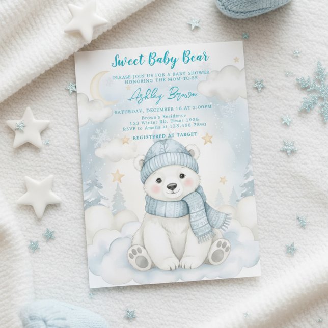 Invitation Cute Polar Bear Winter Baby shower Animal Blue  (Créateur téléchargé)