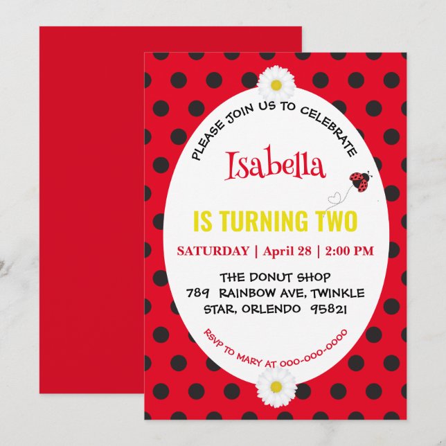 Invitation Cute Polka dot Ladybug Daisy Anniversaire de enfan (Devant / Derrière)