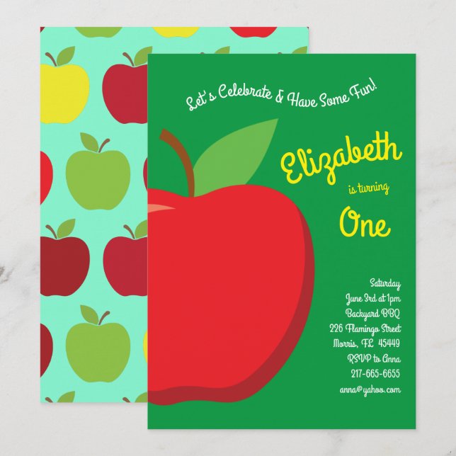 Invitation Cute Pomme Enfants 1er anniversaire Fruit de fête (Devant / Derrière)