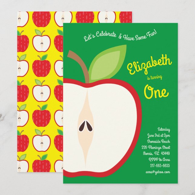 Invitation Cute Pomme Fruit Enfants 1er anniversaire fête Aut (Devant / Derrière)
