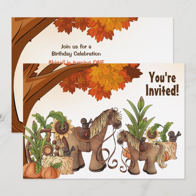 Invitation Cute Ponies Automne Cheval 1er Anniversaire (Devant / Derrière)