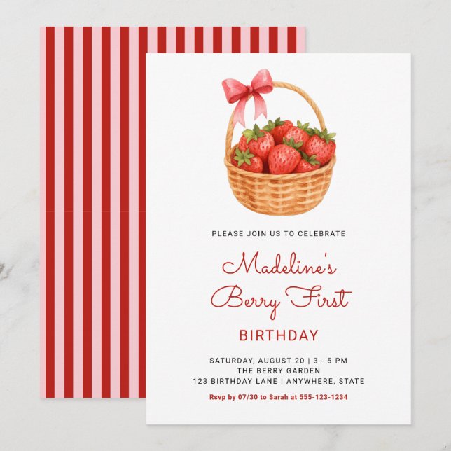 Invitation Cute Preppy Berry First Strawberry Birthday (Devant / Derrière)