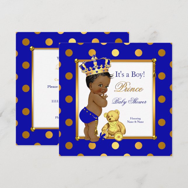 Invitation Cute Prince Baby shower Boy Royal Blue Gold Ethnic (Devant / Derrière)