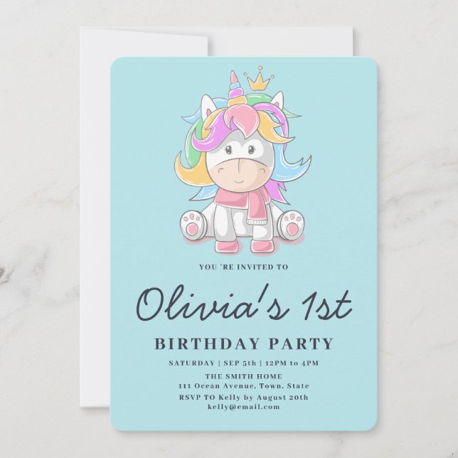 Invitation Cute Princess Unicorn 1er anniversaire (Devant)