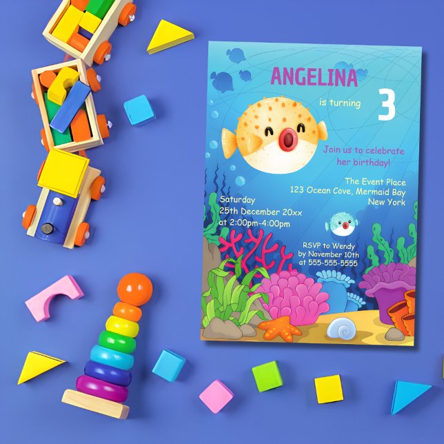 Invitation Cute Puffer Poisson Bleu Océan Anniversaire (Créateur téléchargé)