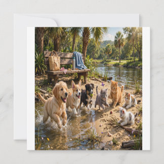 Invitation Cute Puppies & Kittens Riverside Adventure
