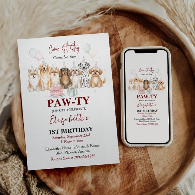Invitation Cute Puppy Dog Boy 1st Birthday | Pawty Time First (Cute Puppy Dog Boy 1st Birthday | Pawty Time First Invitation)